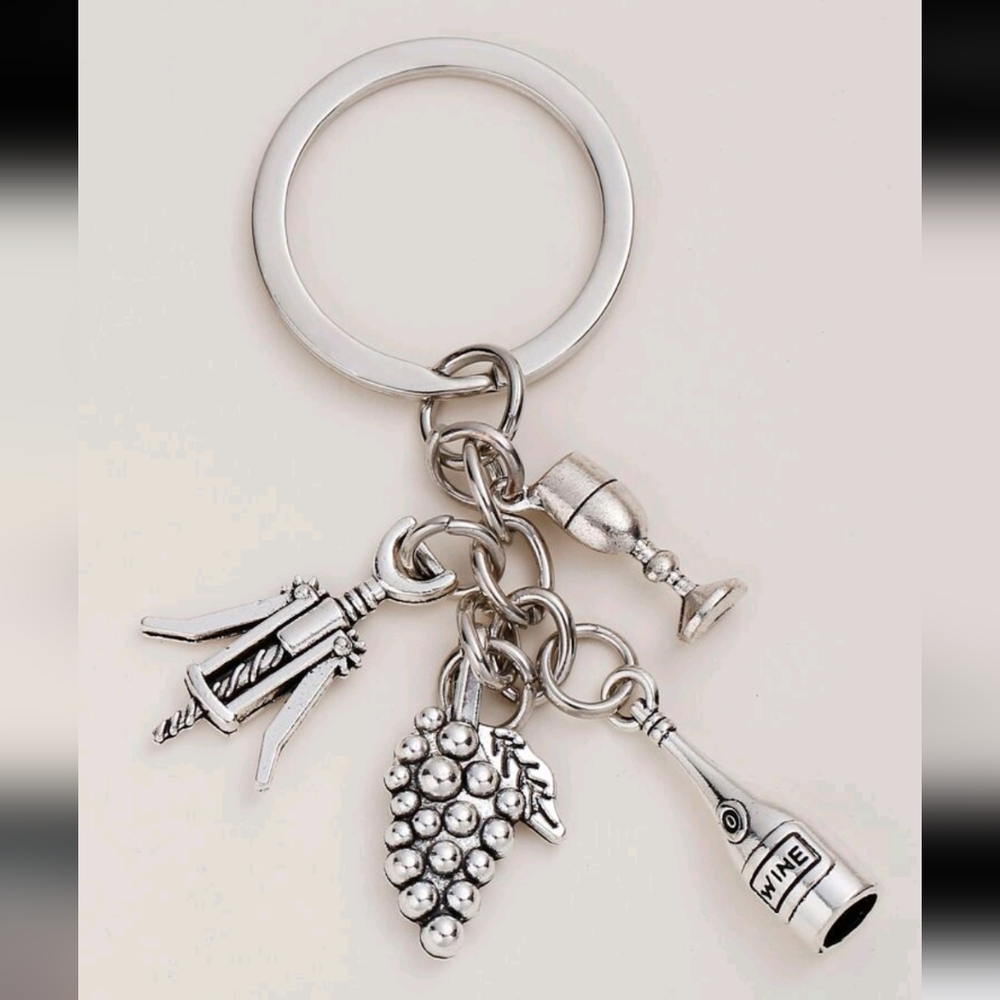 Wine-Themed Silver Keychain